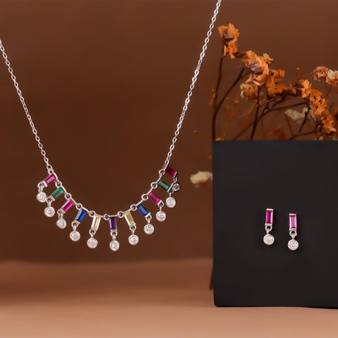Silver Multicoloured cz baguette necklace - rainbow cz - silver cz drop necklace - gold necklace - rainbow necklace - charm necklace
