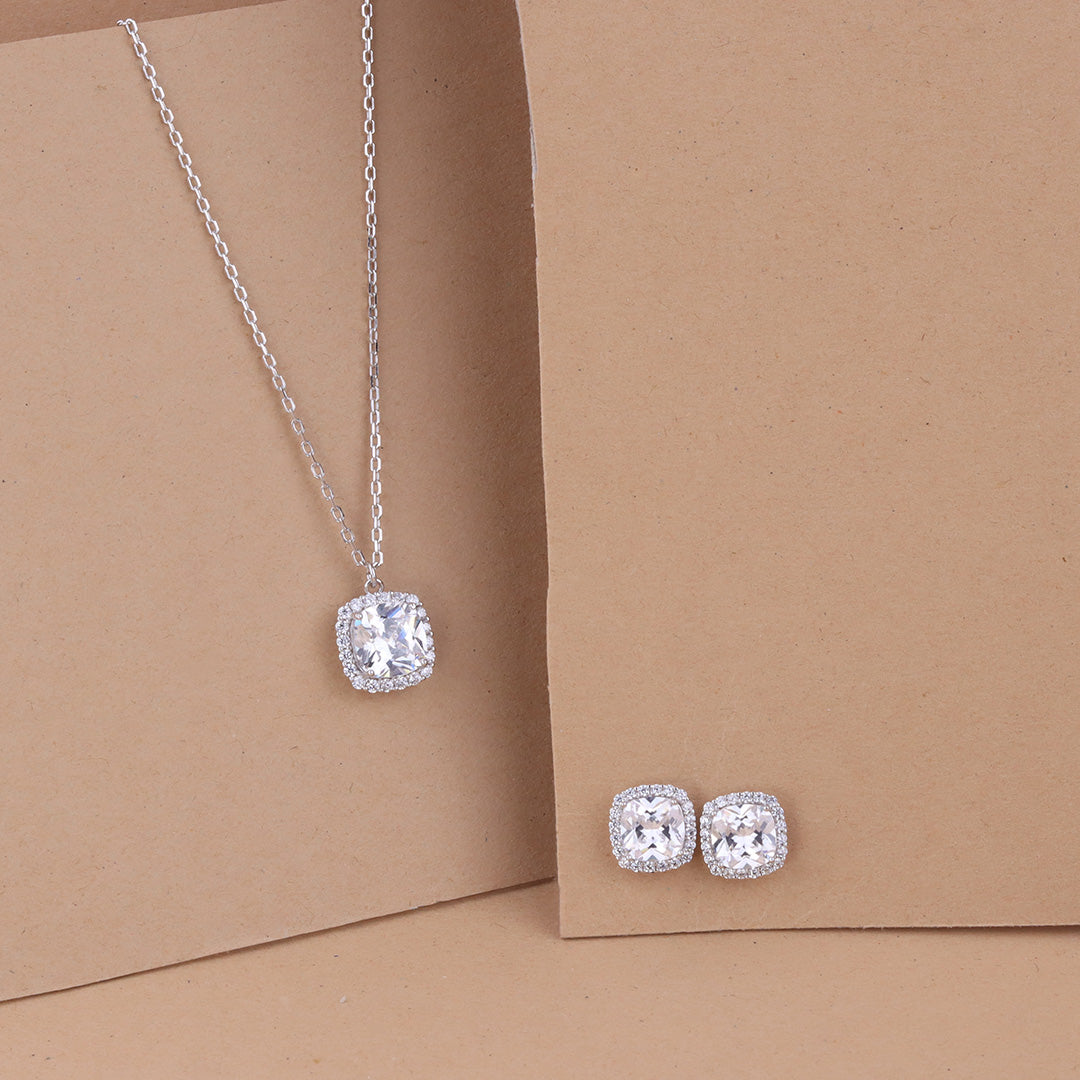 925 Sterling Silver Cushion Cut Pendant & Earrings Set for Women