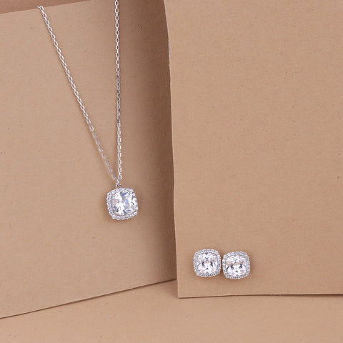 925 Sterling Silver Cushion Cut Pendant & Earrings Set for Women