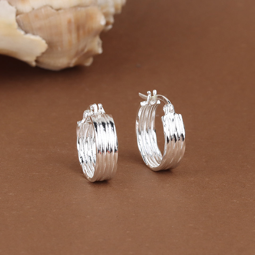 925 Silver Textured Ribbed Hoop Earrings for Women