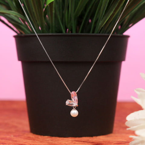 Silver Pink and White Pear Shape Heart Sapphire and Hanging Pearl Pendant With Chain