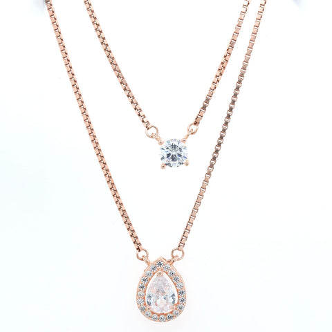 Pear shape solitaire double layer rose gold neackles