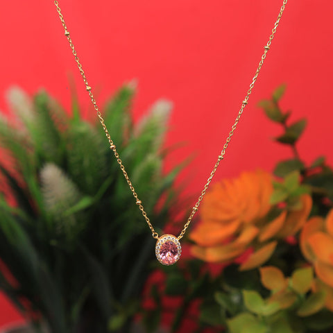 Gold Plated Pink Sapphire Round Diamond Pendant With Chain