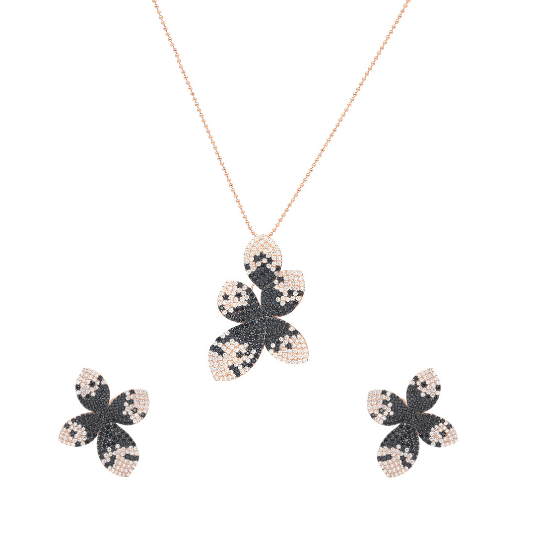 Rose Gold Big Flower Multi Color Cubic Zirconia Necklace With Earring