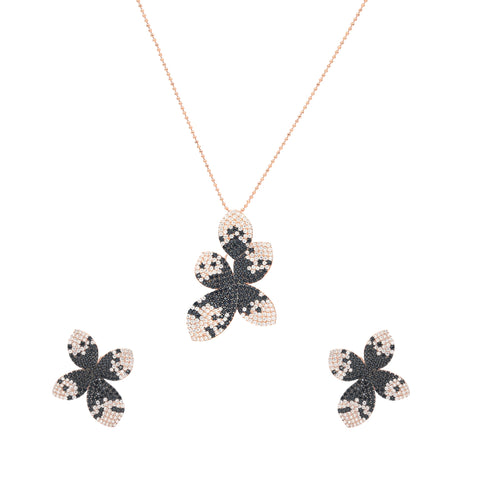 Rose Gold Big Flower Multi Color Cubic Zirconia Necklace With Earring