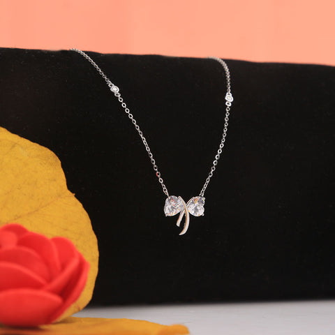 Silver Crystal Bow Cz Pendant With Chain