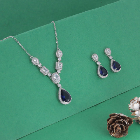 925 Sterling Silver Blue Sapphire Necklace & Earrings Set