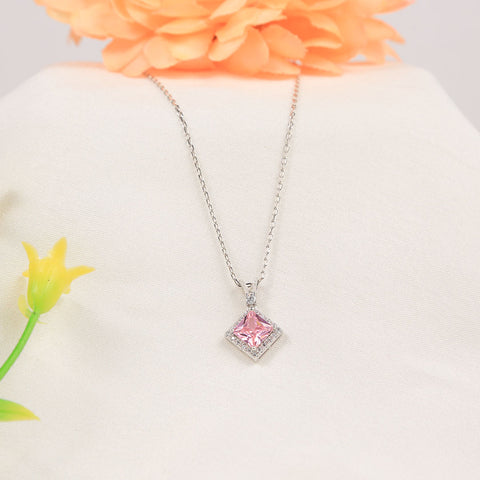 Silver Rhombus Shape Pink Sapphire Pendant With Chain