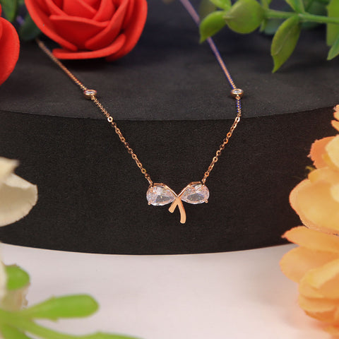 Rose Gold Crystal Bow Cz Pendant With Chain