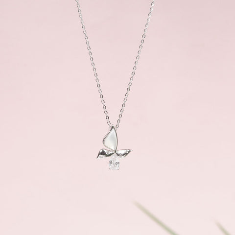 Silver Cz With Mother of Pearl Butterfly Pendant With Chain