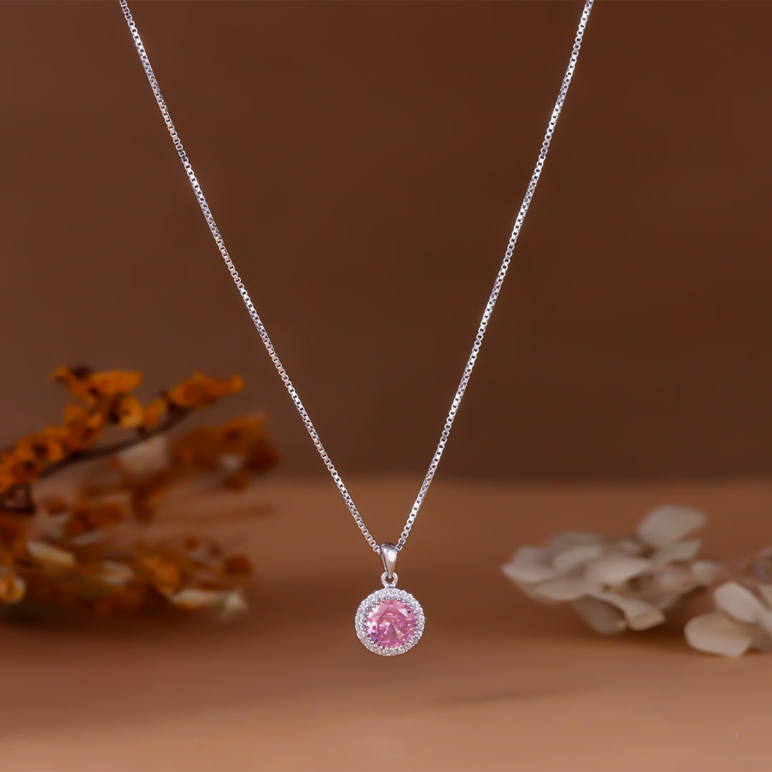 Silver Pink Sapphire Round Shape Pendant With Chain