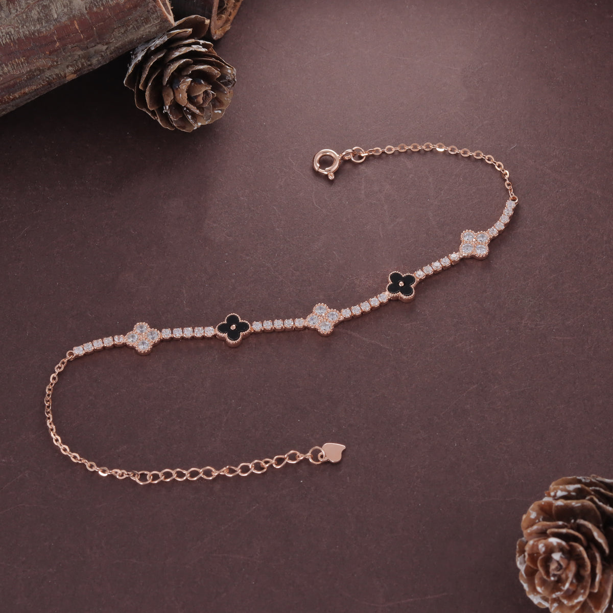 Rose Gold Clover Charm Diamond Bracelet for Women