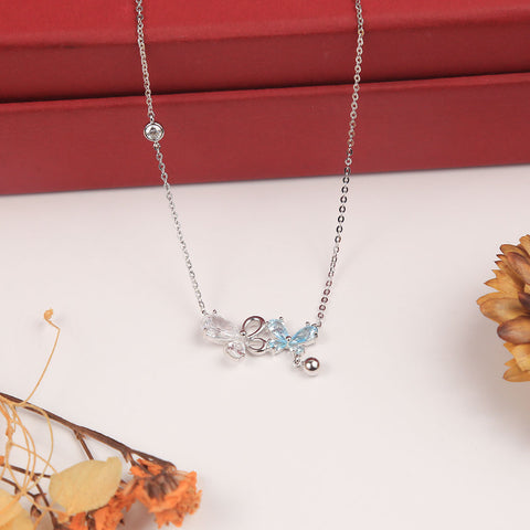 Silver Cubic Zirconia With Blue Dual Butterfly Pendant With Chain