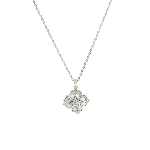 Silver Clover Shape Mother of Pearl With Cz Diamond Rotating Flower Pendant With Chain