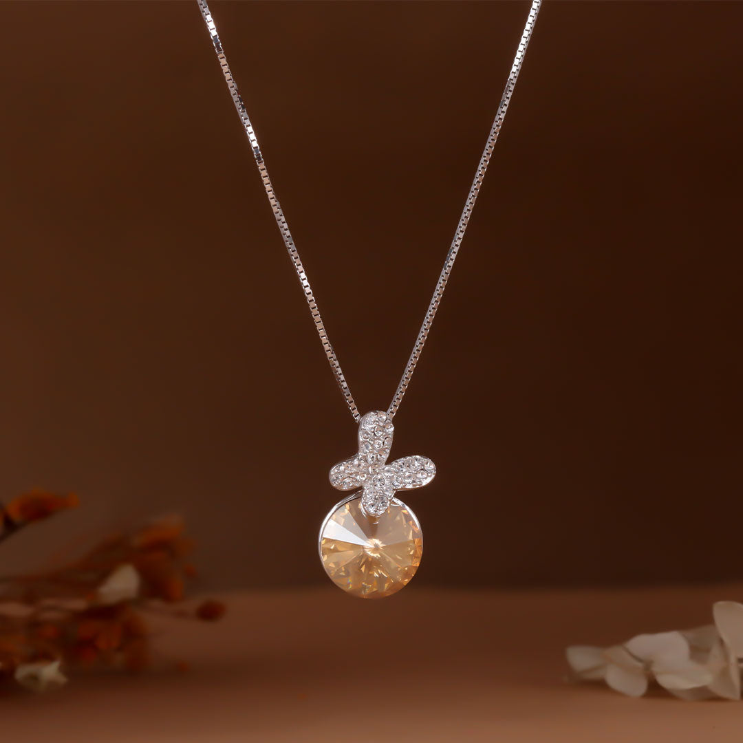 Diamond butterfly with yellow round crystal pendant with chain
