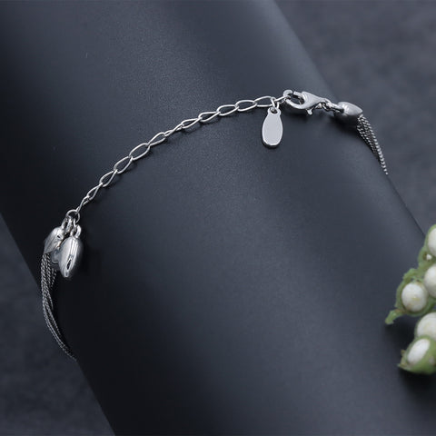 Silver heart shape flower link bunch chain bracelet