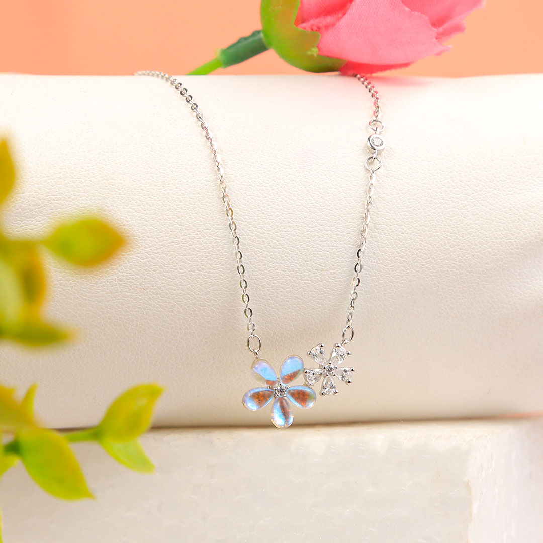 Silver Blue Moonstone Flower With Cz Flower Pendant With Chain