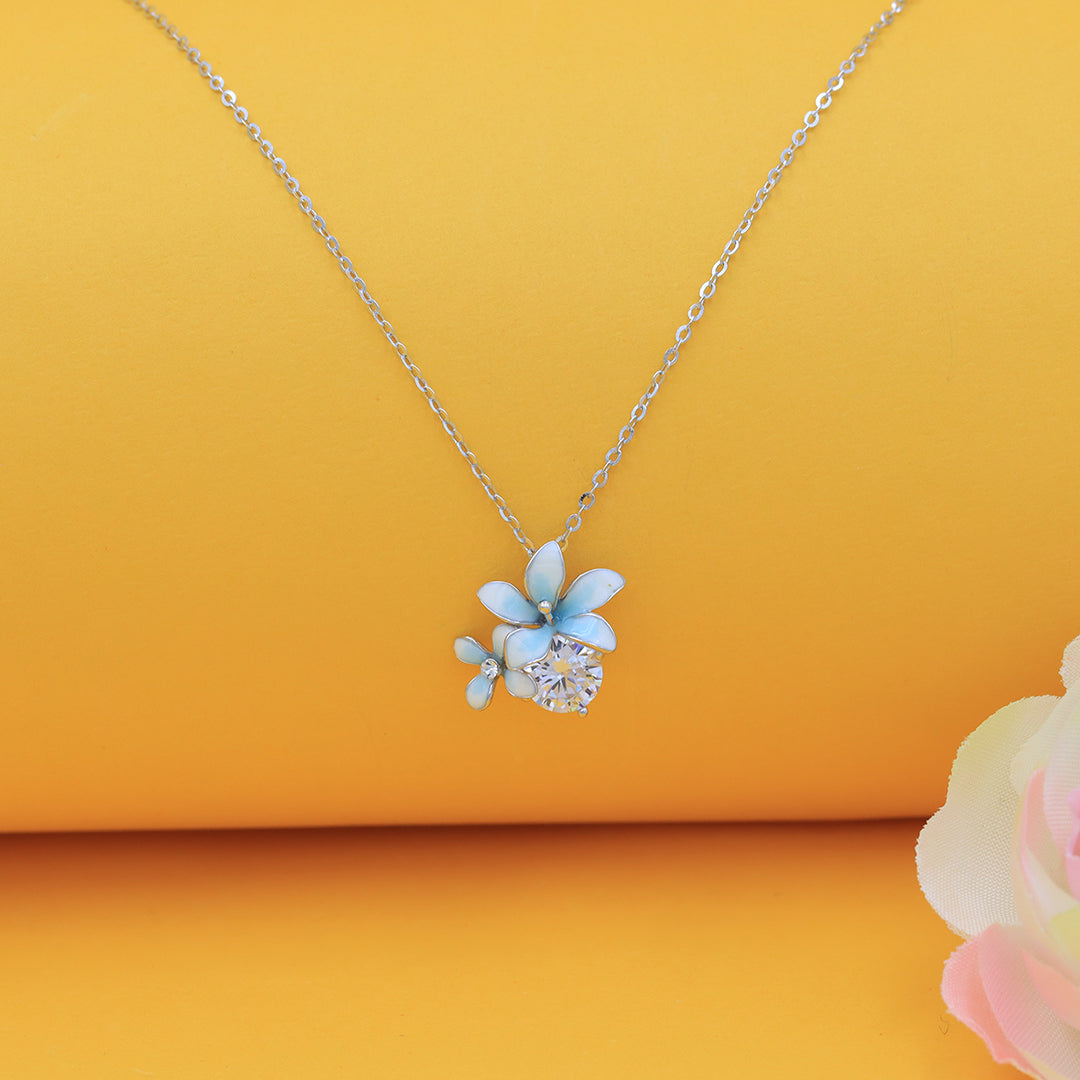 Silver Soft Cyan Dual Flowers Pendant With Chain