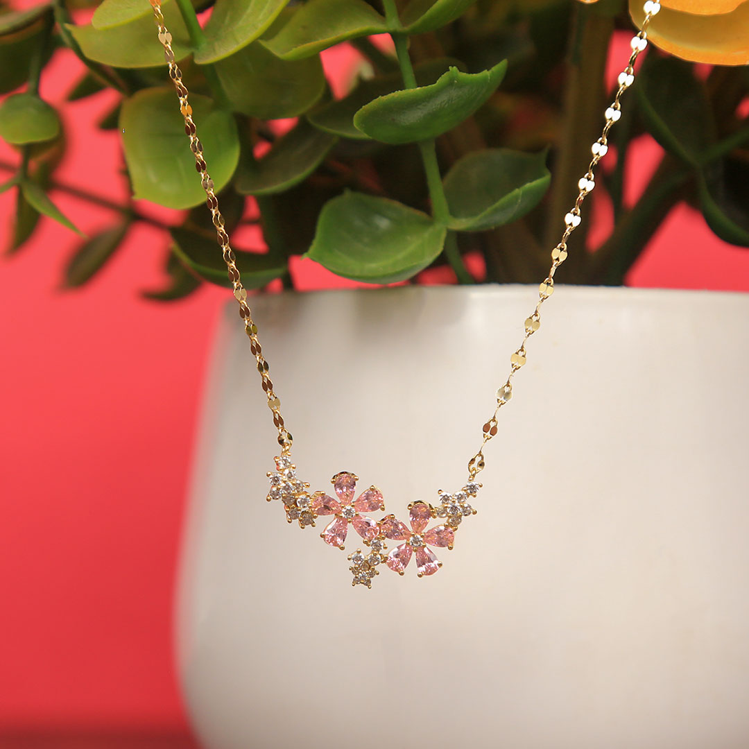 Gold Plated Pink and White Diamonds Flower Pendant With Chain