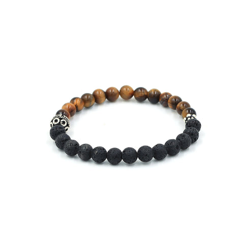 Lava Stones and Tiger Eye Stretch Bracelet in Sterling Silver Bali Beads