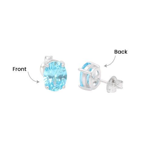 Silver CZ Round Brilliant Station Blue Oval Shape Sapphire Necklace