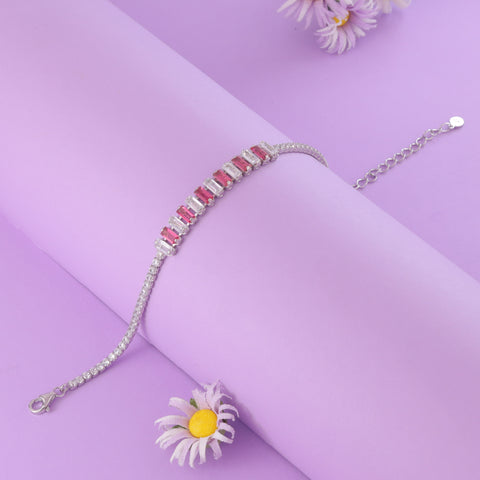 925 Sterling Silver  Pink Sapphire & Zircon Baguette Tennis Bracelet For Women
