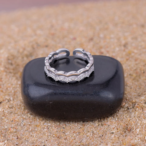 925 Sterling Silver Scalloped Adjustable CZ Ring for Women