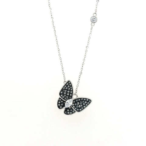 Silver Black Butterfly Diamond Pendant With Chain
