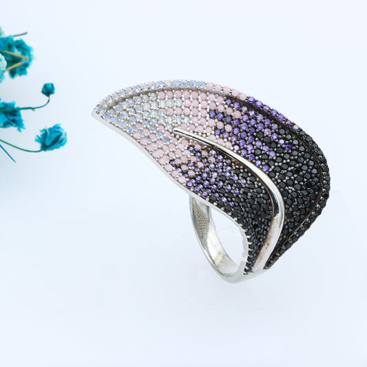 Silver leaf multi color sapphires ring