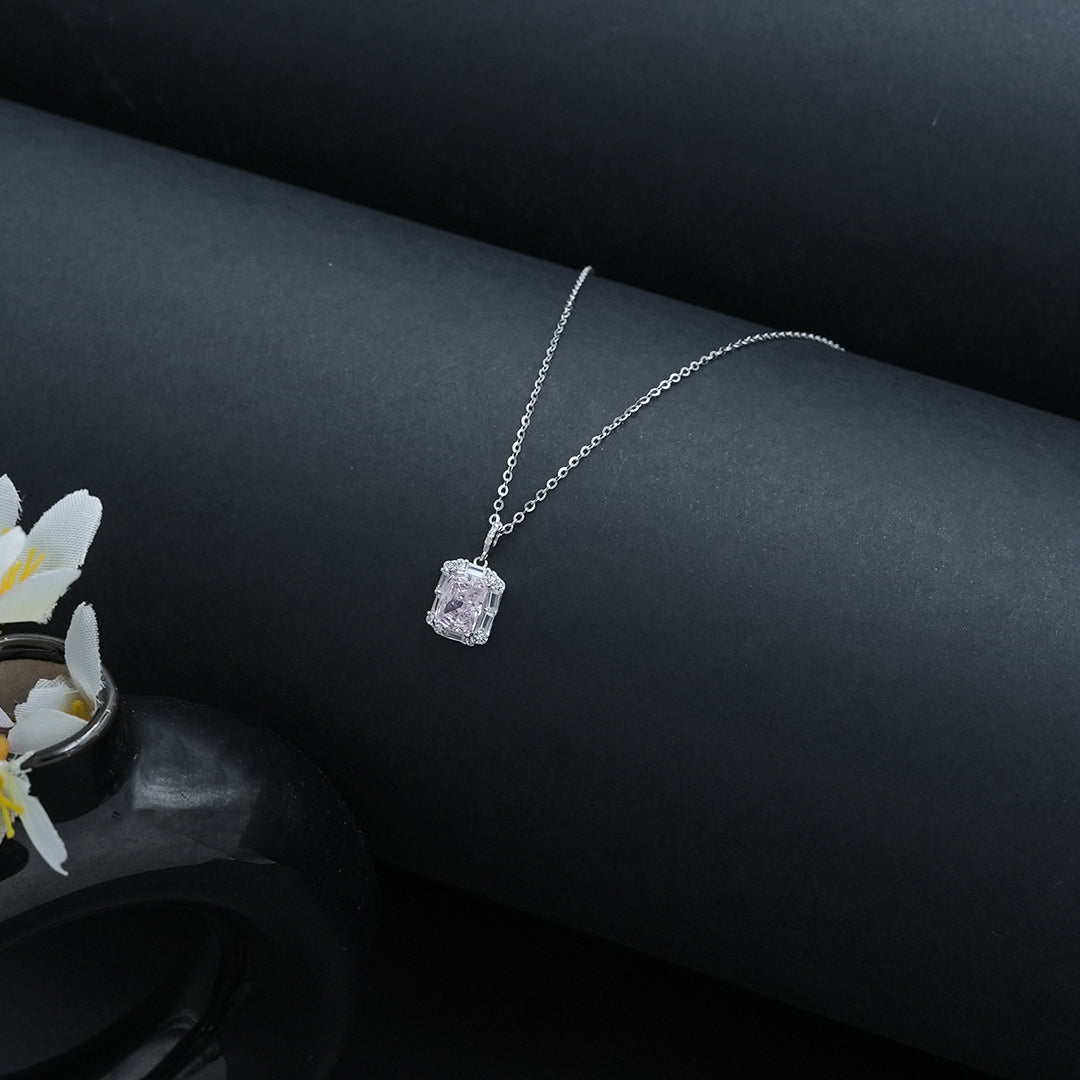 Silver Pink Solitaire Pendant With Chain