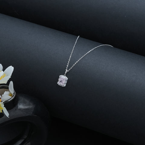 Silver Pink Solitaire Pendant With Chain