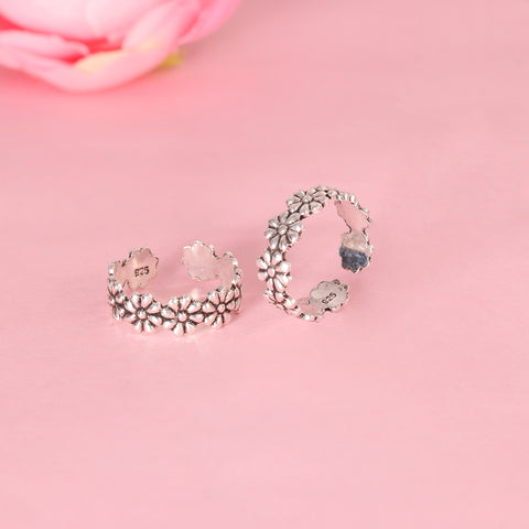 925 Sterling Silver Adjustable Oxidized Flower Toe Ring for Women