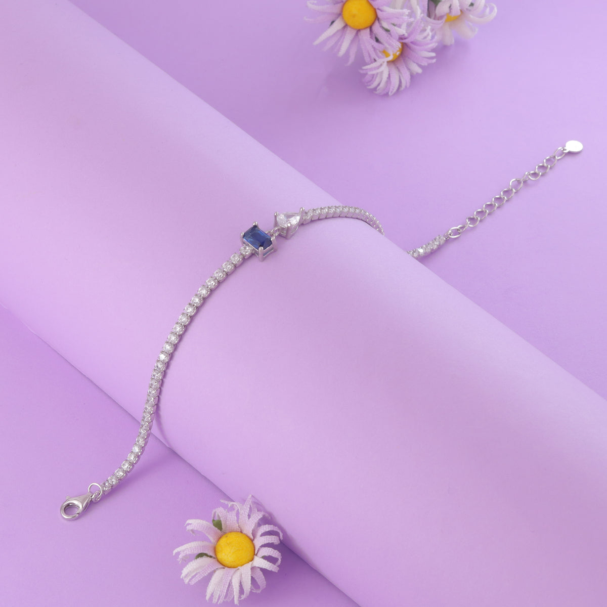 925 Sterling Silver Blue Stone Adjustable Tennis Bracelet for Women