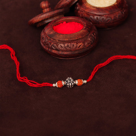 Silver Shiny Flower Shape Rudraksha Pure Silver Rakhi for Brother