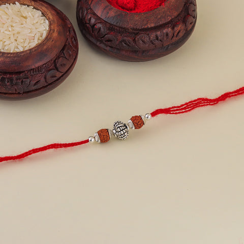 Silver Round Oxidized Bali Beads With Dual Rudraksha Rakhi