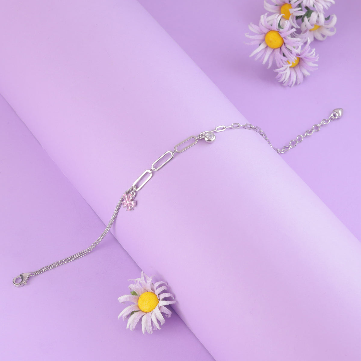 925 Sterling Silver Dual Chain Flower Charm Bracelet for Women