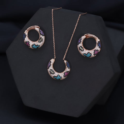 Rose gold rainbow diamond crescent necklace with earrings set