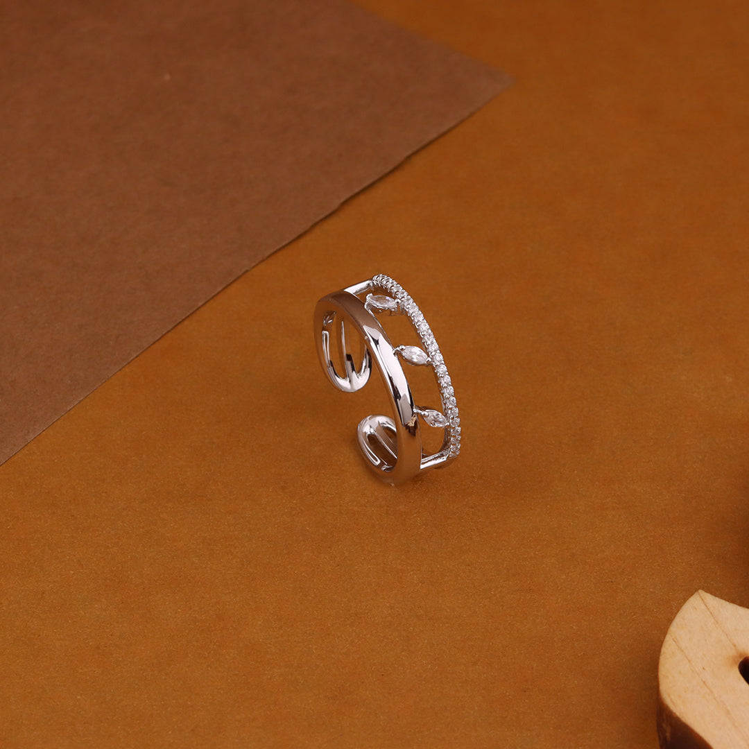 Silver Zircon Leaf Ring