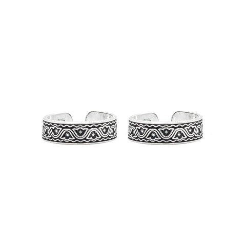 925 Sterling Silver Oxidized Wave Pattern Adjustable Toe Rings for Women