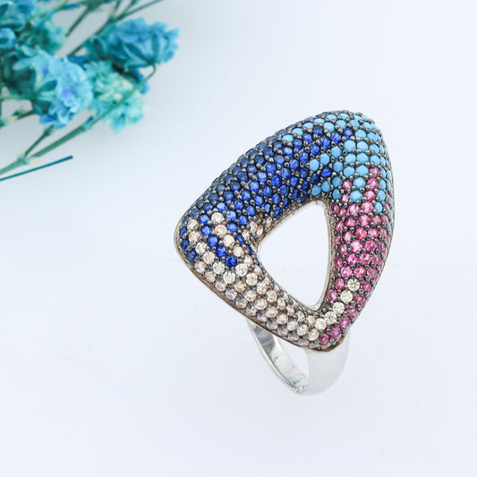 Silver Tringle Multi Color Diamond Ring