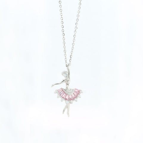 Silver Pink Dancing Doll Pendant With Chain