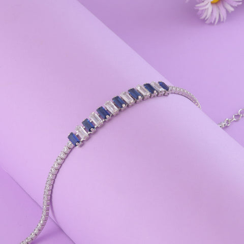 925 Sterling Silver  Blue Sapphire & Zircon Baguette Tennis Bracelet For Women