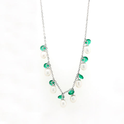 Ovals With Green Beads Chain Silver Neckless