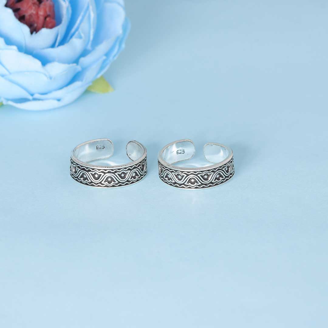 925 Sterling Silver Oxidized Wave Pattern Adjustable Toe Rings for Women