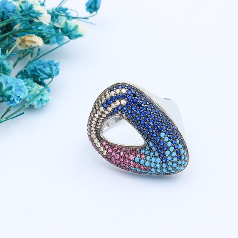 Silver Tringle Multi Color Diamond Ring