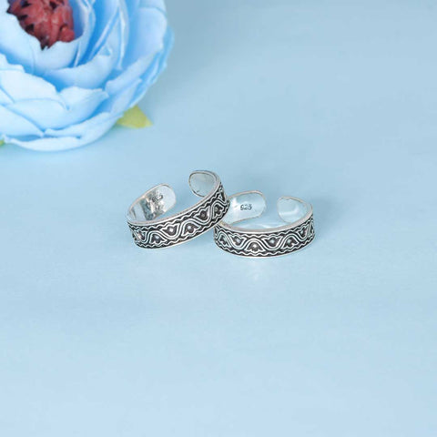 925 Sterling Silver Oxidized Wave Pattern Adjustable Toe Rings for Women