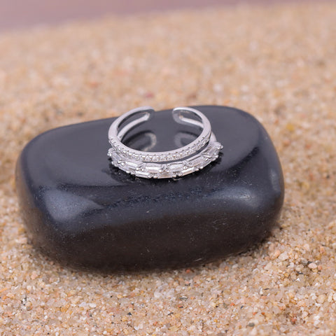 925 Sterling Silver Double Layer Baguette CZ Adjustable Ring for Women