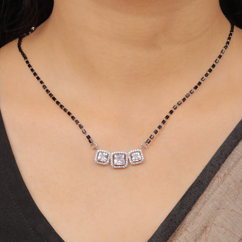 92.5 Silver Triple Cushion Solitaire Mangalsutra For Women