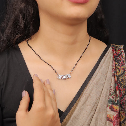 92.5 Silver Triple Cushion Solitaire Mangalsutra For Women