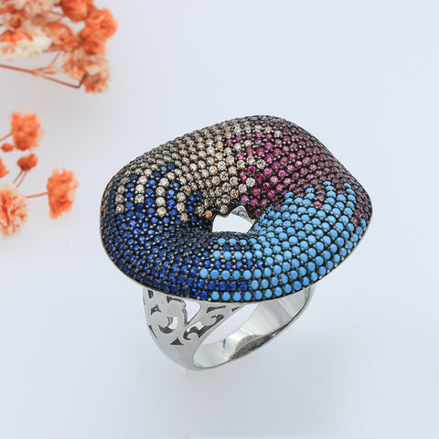 Silver mixed color zircon stone round shape ring